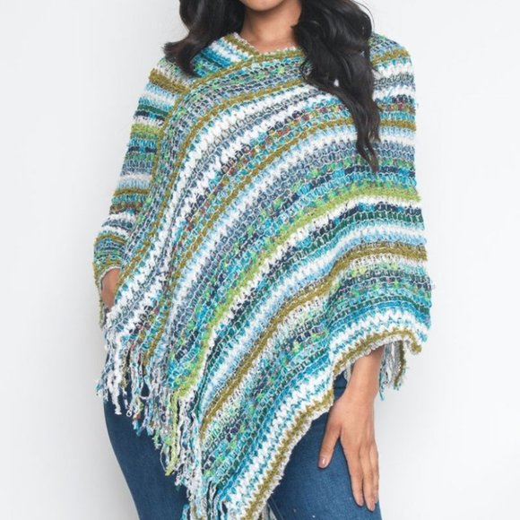 BLUE  MULTI COLOR PONCHO SWEATER - Picture 1 of 3